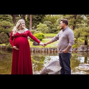 Saslax long sleeve off shoulder maroon maternity dress